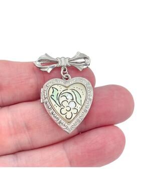 Vintage Sterling Silver 925 Floral Mother of Pearl Heart Locket Brooch